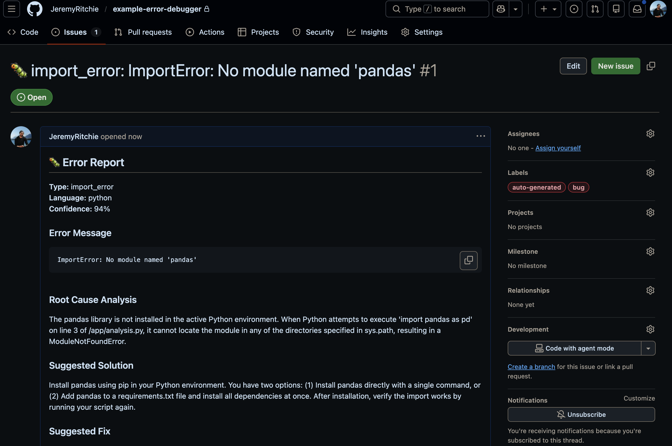 GitHub Issue created from analysis