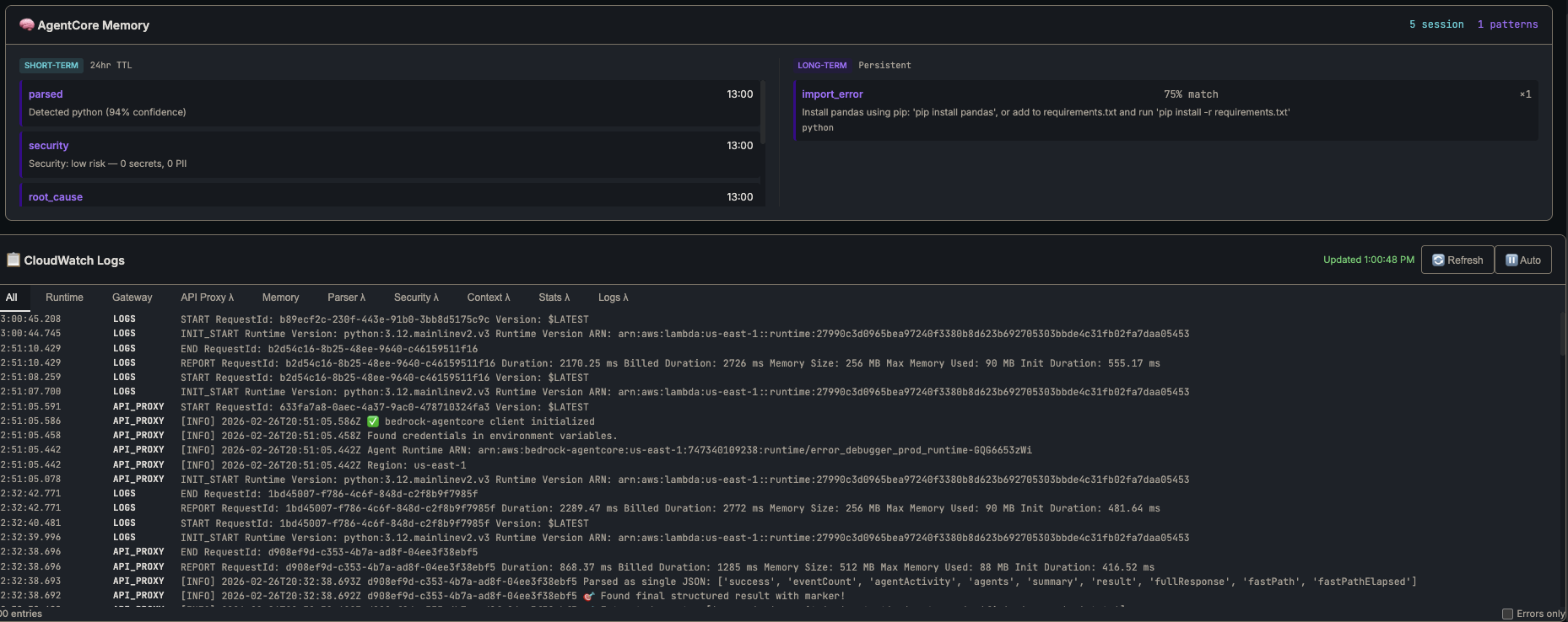 Memory panel and CloudWatch logs
